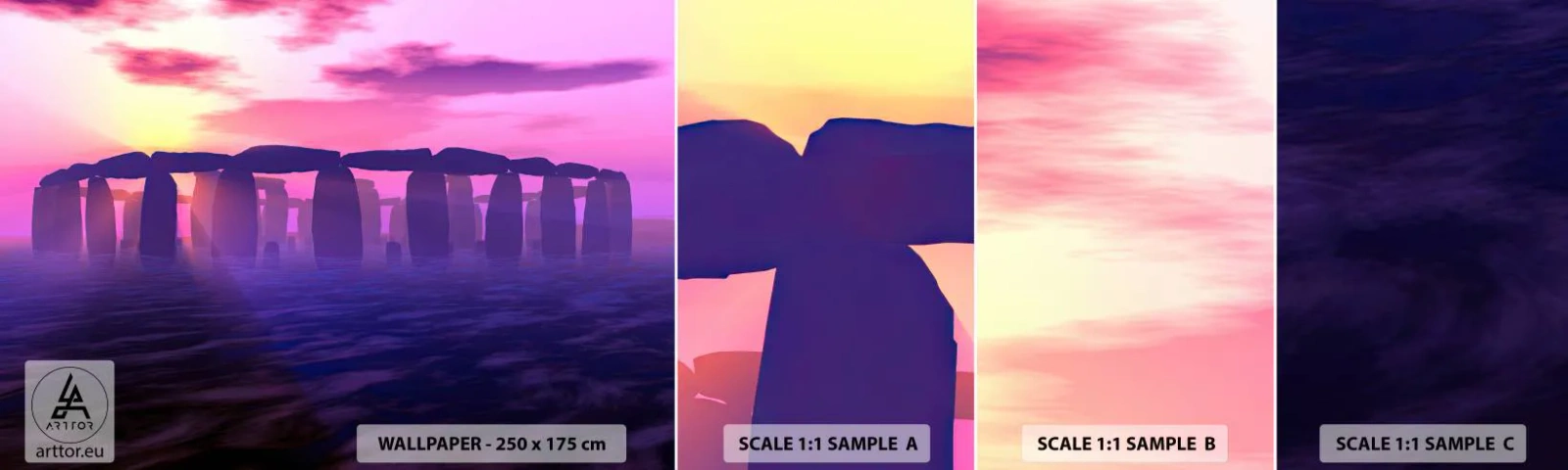 Fototapet Prøve Standard Eco - Mystik ved daggry i tågen - Arkitektur, Stonehenge, Stencirkler - 100x30 cm