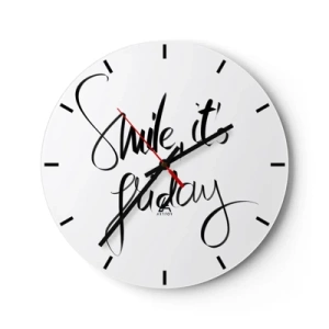 Vægur, Uret - Smil det er fredag-citat i stilfuld sort-hvid grafik - 30x30cm - Ægte glæde - Moderne vægdekoration til stue, køkken og soveværelse ARTTOR