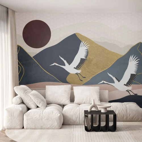 Fototapet Premium Sand - Og dagen er igen FLØJET af sted - Abstraktion, Kraner, Bjerge - 200x140 cm