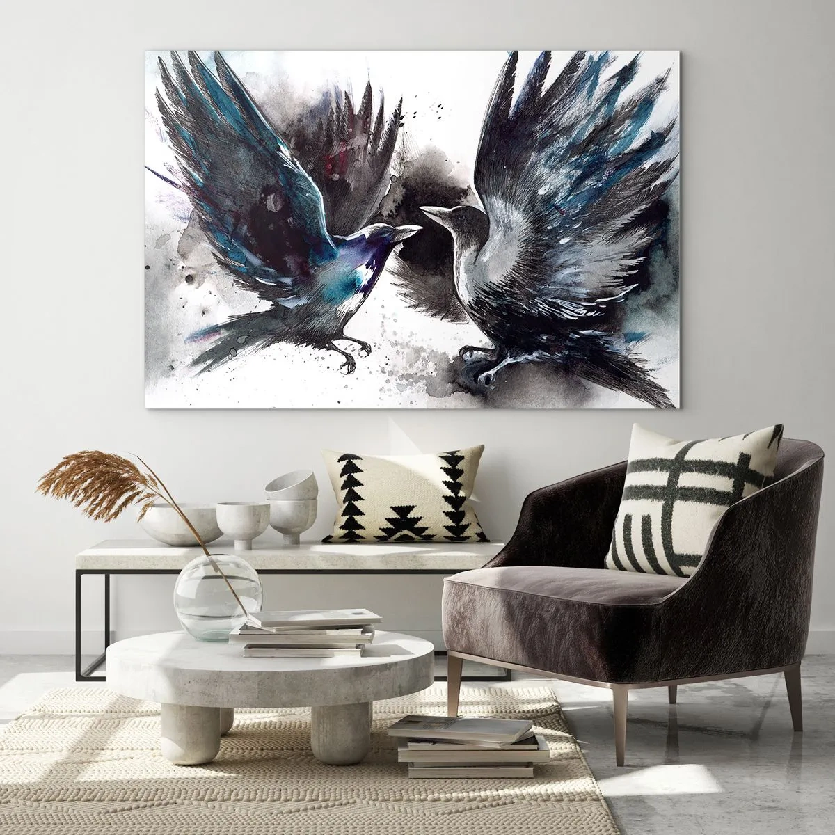 Billede på glas - To ravne i en dynamisk positur med spredte vinger - 70x50cm - En ravn til en ravn... - Moderne vægdekoration til stue og soveværelse ARTTOR