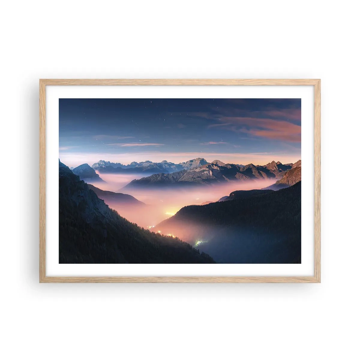 Plakat i ramme af lyst egetræ - Lys i dalene - 70x50 cm