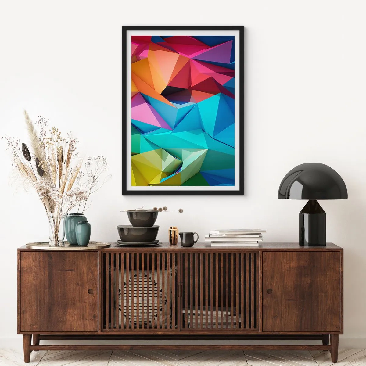 Plakat i sort ramme - Farverig geometrisk abstraktion med trekanter - 50x70cm - Regnbue origami - Moderne vægdekoration til stue og soveværelse ARTTOR