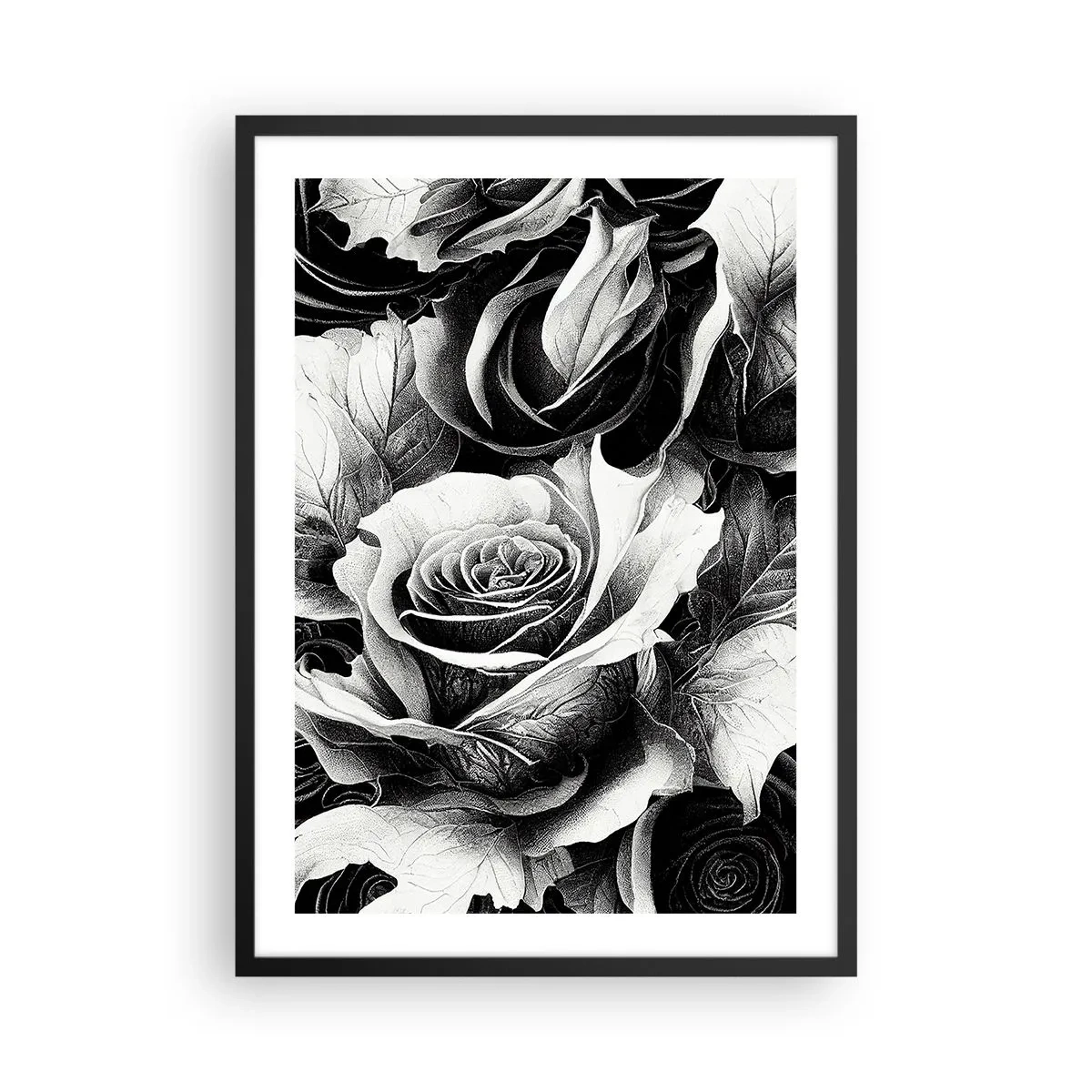 Plakat i sort ramme - En sort-hvid komposition af roser med udtryksfuldt chiaroscuro - 50x70cm - Altid dronning - Moderne vægdekoration til stue og soveværelse ARTTOR