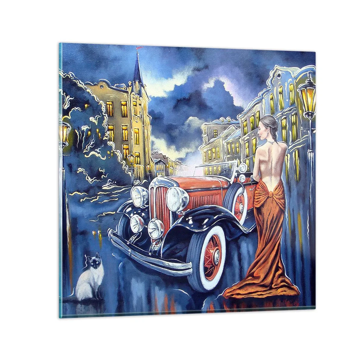 Billede på glas - Nocturne i blå og koral - 60x60 cm