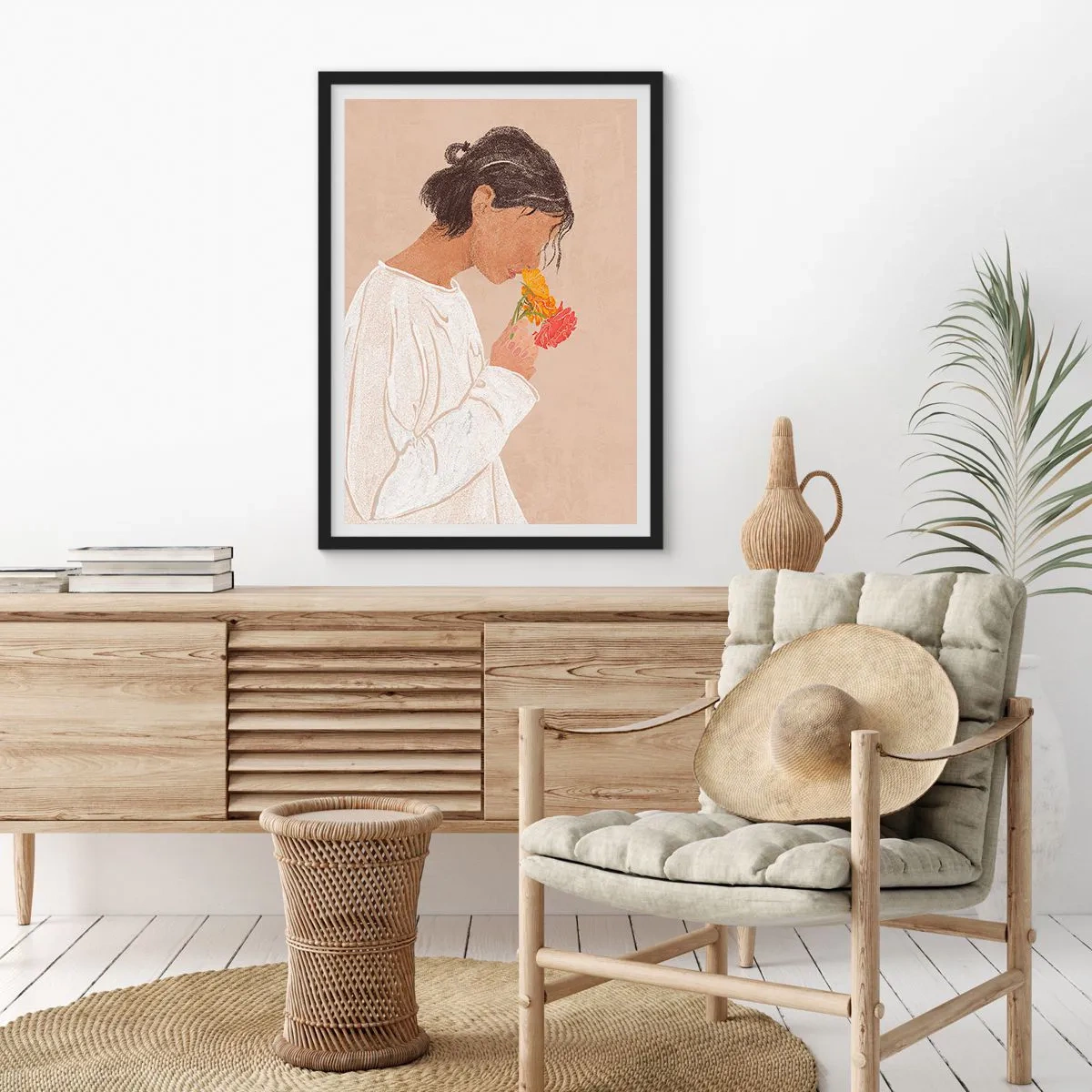 Plakat i sort ramme - Pige og blomster - 61x91 cm