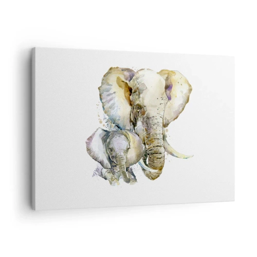 Lærredstryk - Billede på lærred - Akvarellelefanter i diskrete farver - 70x50cm - Der er intet sted som hos mor - Moderne vægdekoration til stue og soveværelse ARTTOR