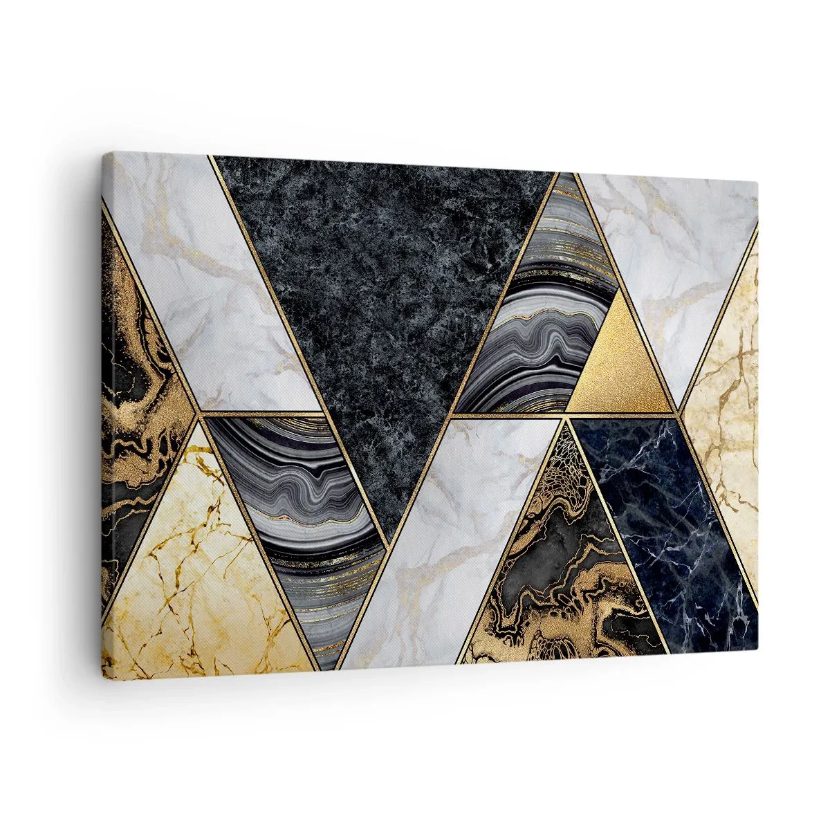 Lærredstryk - Billede på lærred - Geometriske trekanter i guld, marmor og mørke nuancer - 70x50cm - Sten for sten - Moderne vægdekoration til stue og soveværelse ARTTOR