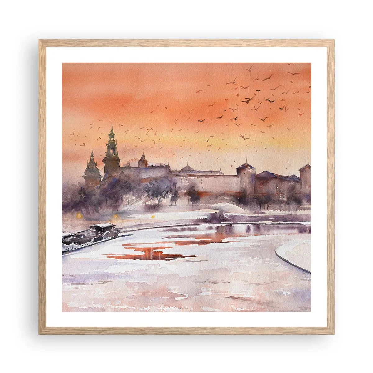 Plakat i ramme af lyst egetræ - Kongelig solnedgang - 60x60 cm