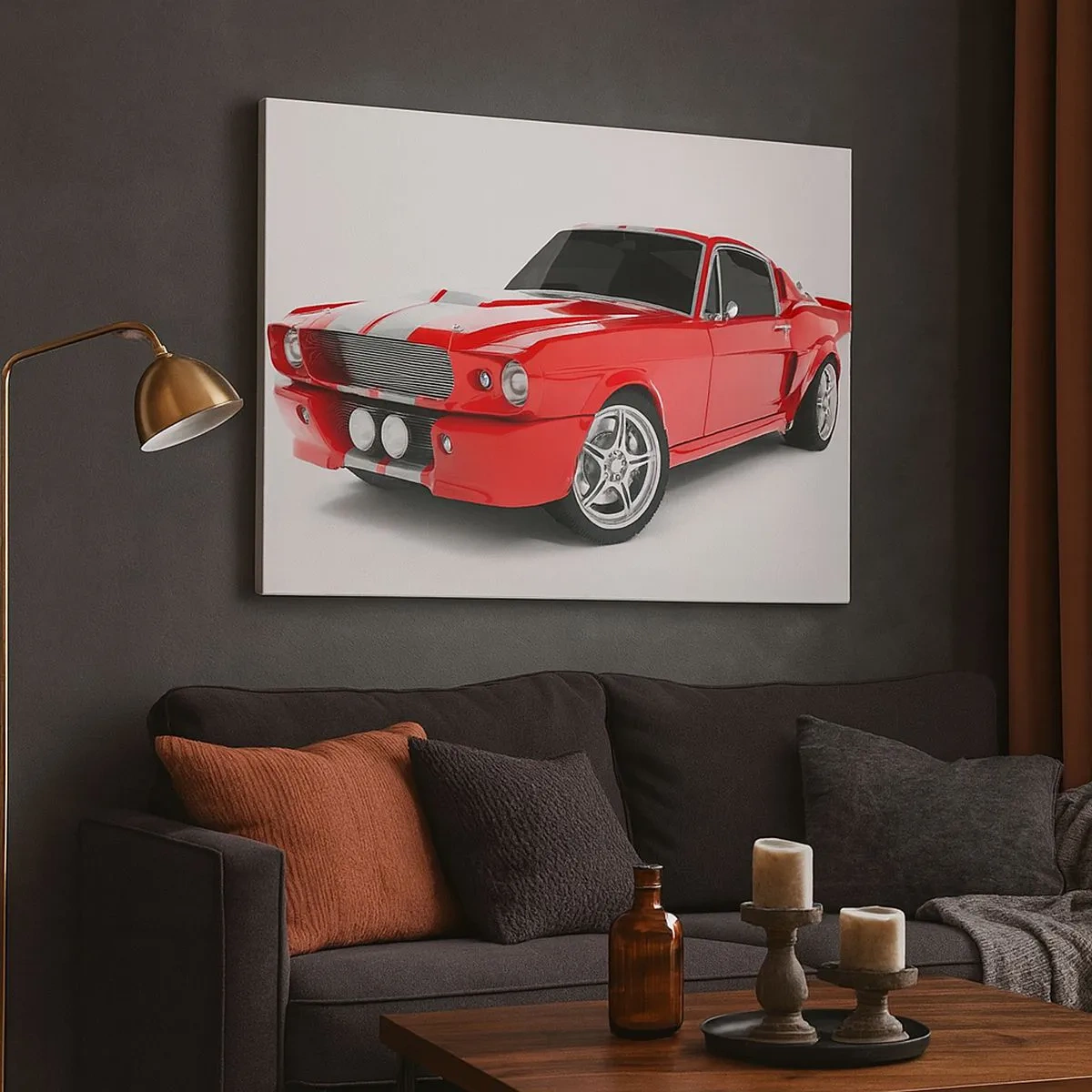 Lærredstryk - Billede på lærred - Rød sportsvogn med hvide striber - 70x50cm - Mustang så hurtigt som vinden - Moderne vægdekoration til stue og soveværelse ARTTOR