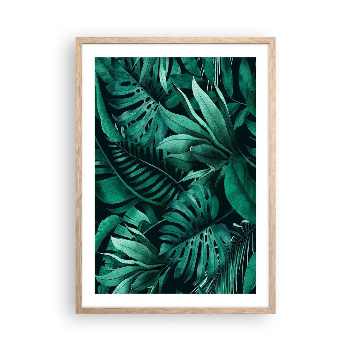 Plakat i ramme af lyst egetræ - Dyb tropisk grøn - 50x70 cm