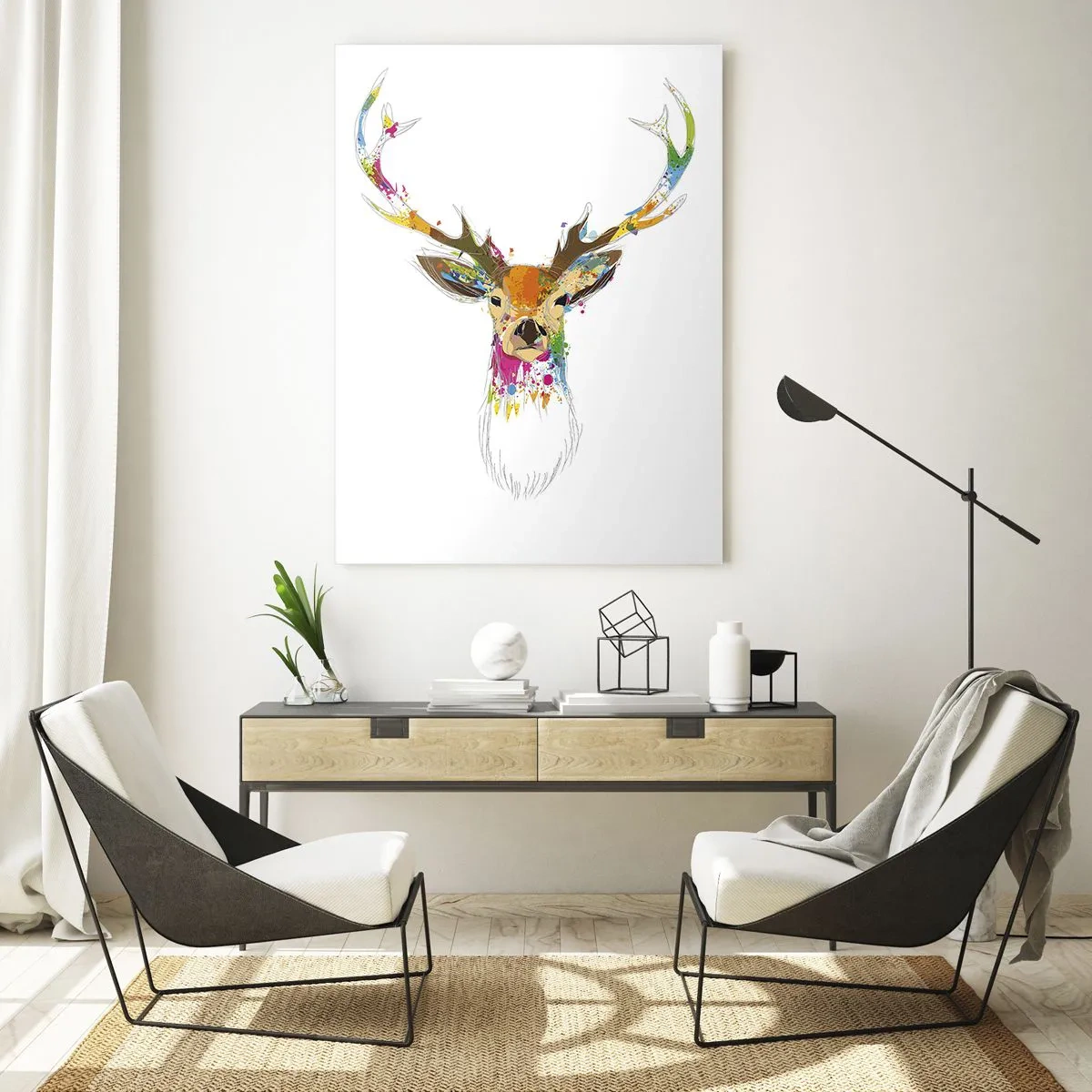 Billede på glas - Blid kronhjort badet i farver - 50x70 cm