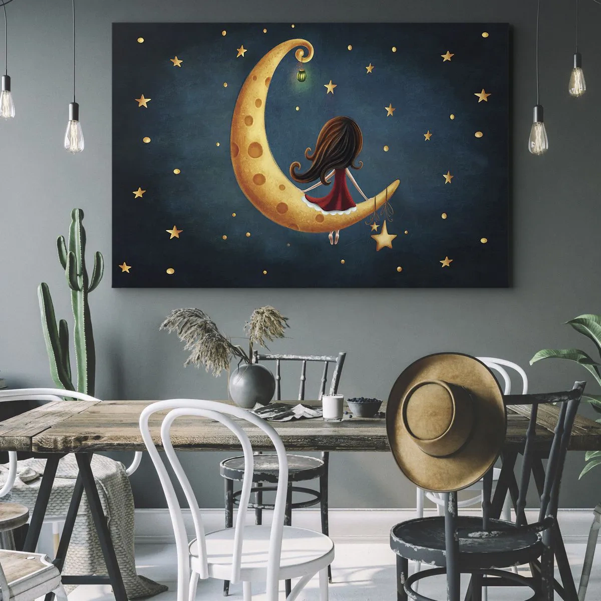 Lærredstryk - Billede på lærred - En pige på månen omgivet af stjerner - 70x50cm - Der var engang... - Moderne vægdekoration til stue og soveværelse ARTTOR