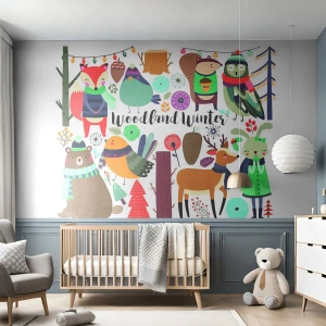 Fototapet Selvklæbende Deluxe Sticker - En eventyrlig jul i skoven - For børn, Vinter i Skoven, Dyr - 100x70 cm
