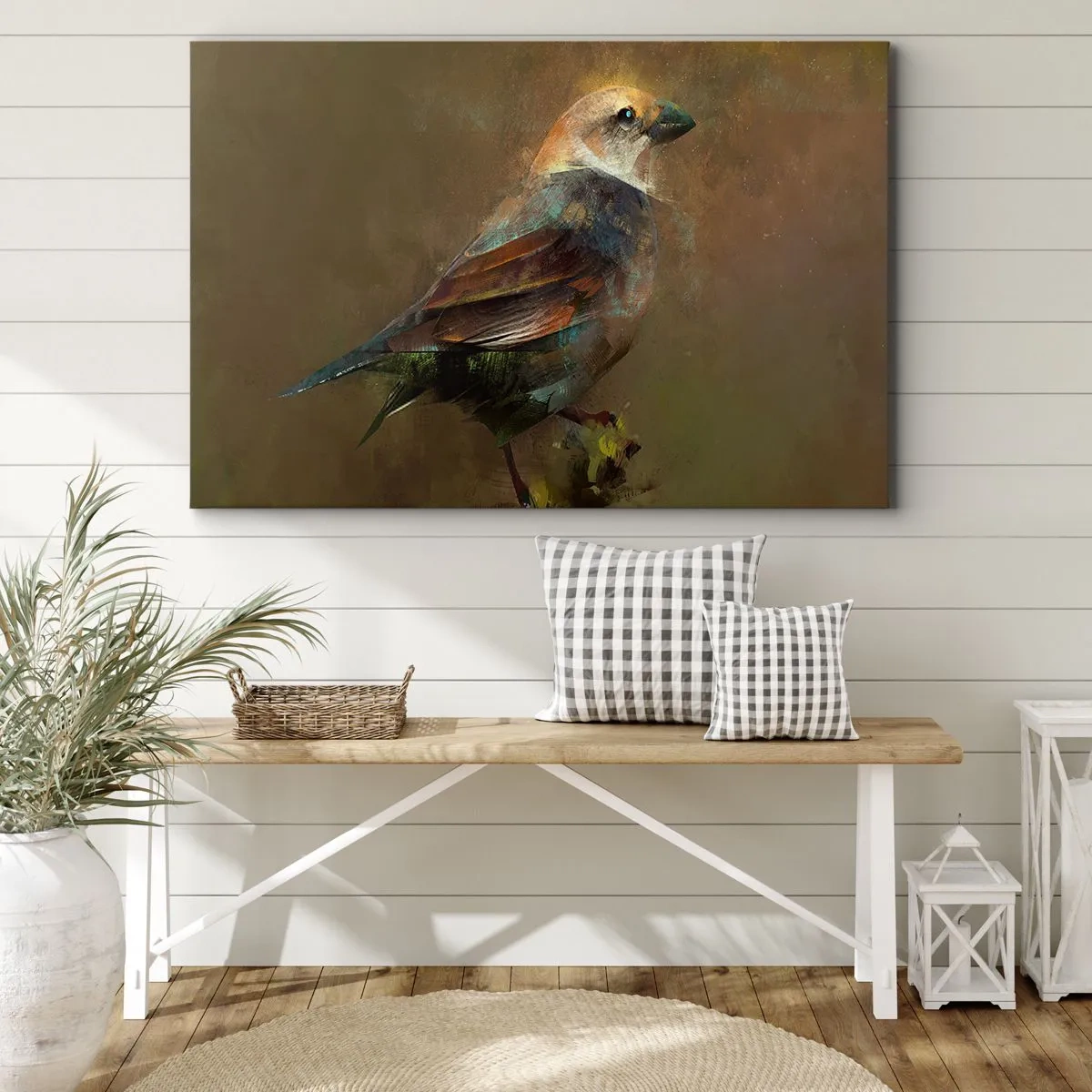 Lærredstryk - Billede på lærred - En kunstnerisk fortolkning af en spurv på en brun baggrund - 70x50cm - Lille spurv, lille fugl - Moderne vægdekoration til stue og soveværelse ARTTOR