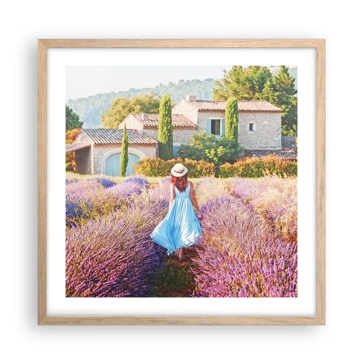 Plakat i ramme af lyst egetræ - Lavendel pige - 50x50 cm