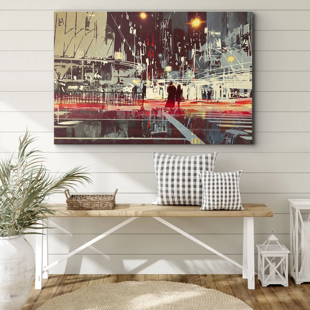 Lærredstryk - Billede på lærred - By om natten med neonlys og silhuetter af mennesker på gaden - 70x50cm - En storbyoverfart - Moderne vægdekoration til stue og soveværelse ARTTOR