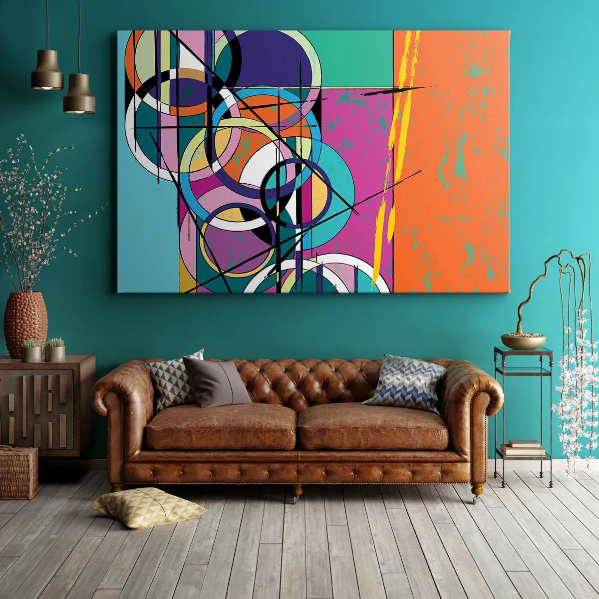 Lærredstryk - Billede på lærred - Farverig abstraktion med geometriske cirkler - 70x50cm - Hjul for hjul - Moderne vægdekoration til stue og soveværelse ARTTOR