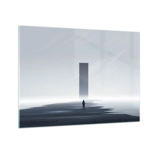 Billede på glas - Et minimalistisk landskab med en figur og en monolit i det fjerne. - 70x50cm - Mulighed eller trussel? - Moderne vægdekoration til stue og soveværelse ARTTOR