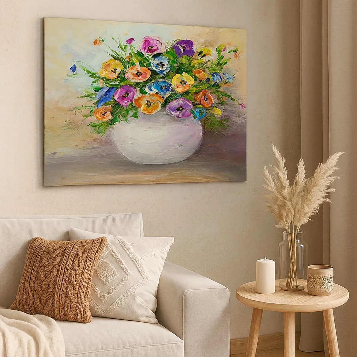 Lærredstryk - Billede på lærred - En farverig buket blomster i en hvid vase - 70x50cm - Stilleben med hvid vase - Moderne vægdekoration til stue og soveværelse ARTTOR