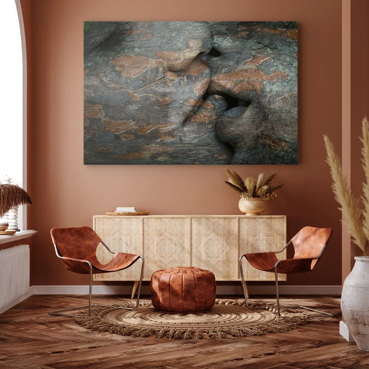 Lærredstryk - Billede på lærred - Et kunstnerisk motiv af et ansigt udskåret i sten med en naturlig tekstureffekt. - 70x50cm - For altid sammen - Moderne vægdekoration til stue og soveværelse ARTTOR