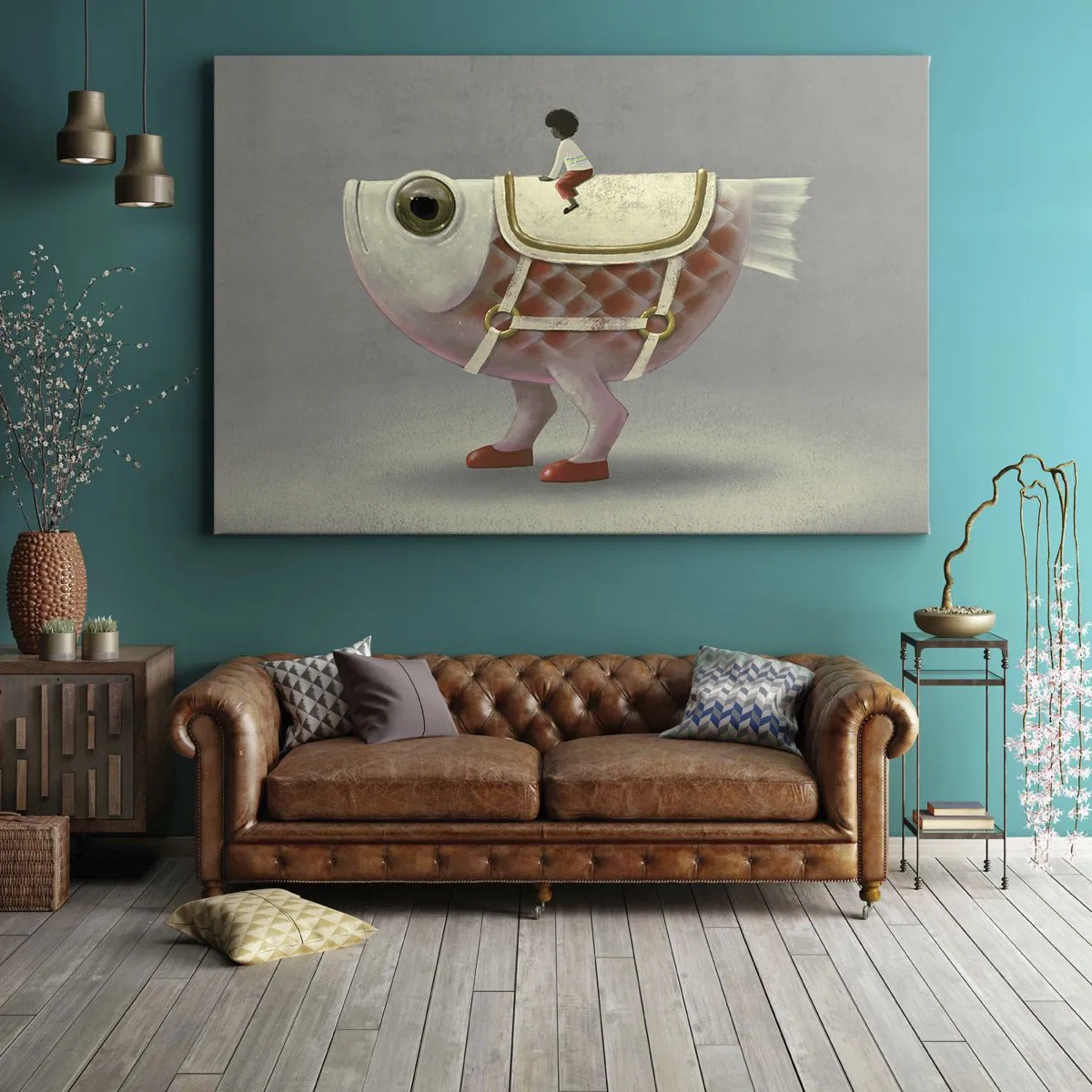 Lærredstryk - Billede på lærred - En flot fiskerytter med ben og sadel - 70x50cm - Rybonski rytter - Moderne vægdekoration til stue og soveværelse ARTTOR