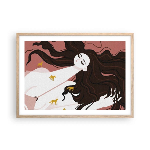 Plakat i ramme af lyst egetræ - Drøm om en gylden hest - 70x50 cm