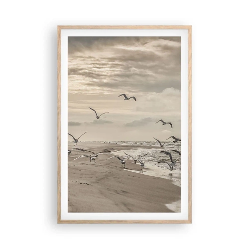 Plakat i ramme af lyst egetræ - Havet brummer, fuglene synger - 61x91 cm