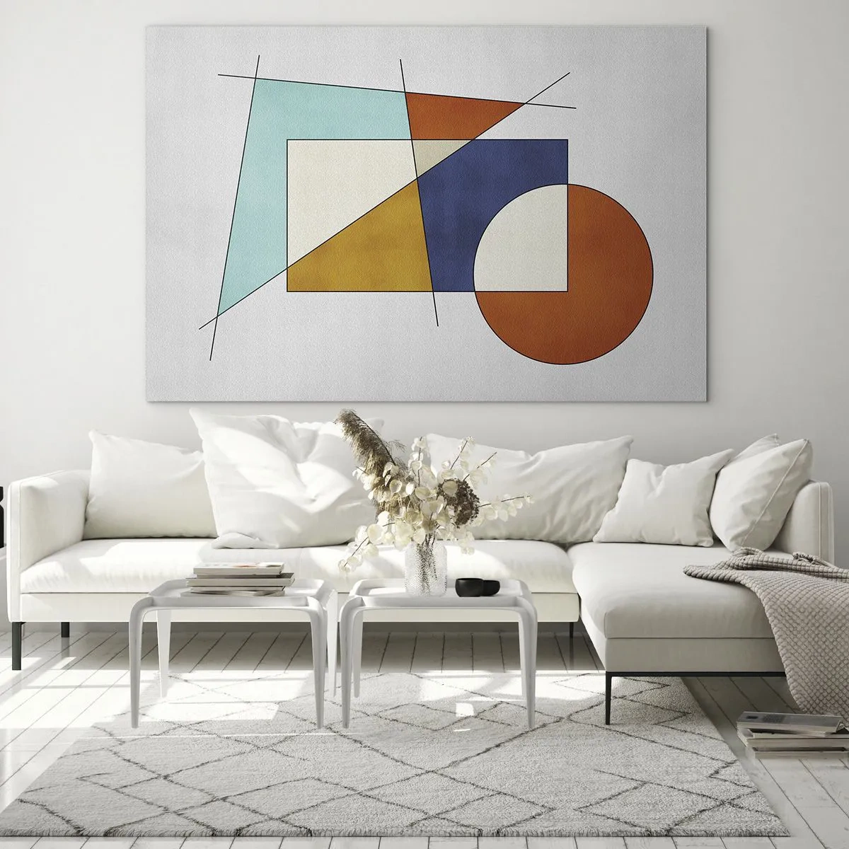 Billede på glas - Farverige geometriske former på en lys baggrund i modernistisk stil - 70x50cm - Abstraktion: modernistisk leg - Moderne vægdekoration til stue og soveværelse ARTTOR