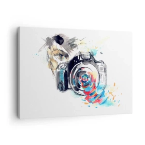 Lærredstryk - Billede på lærred - Akvarelkamera med farverige detaljer - 70x50cm - I linsens øje - Moderne vægdekoration til stue og soveværelse ARTTOR