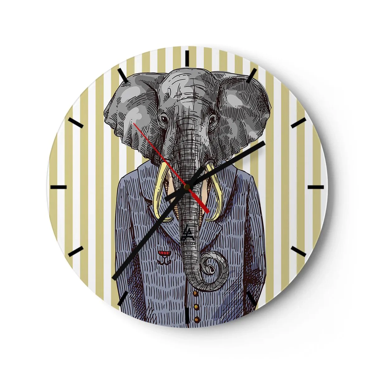 Vægur, Uret - En elegant tegning af en elefant i jakkesæt mod en baggrund af lodrette striber. - 30x30cm - Elegant af natur - Moderne vægdekoration til stue, køkken og soveværelse ARTTOR