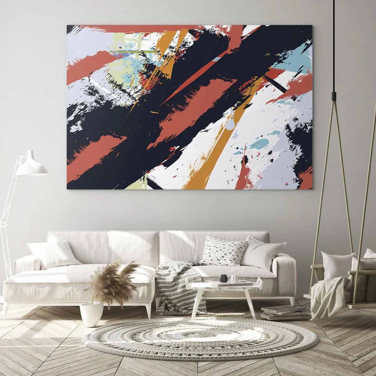 Billede på glas - Abstrakte penselstrøg i intense farver - 70x50cm - Dynamisk sammensætning - Moderne vægdekoration til stue og soveværelse ARTTOR