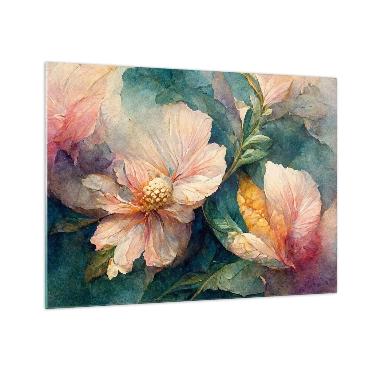 Billede på glas - Fine blomster i pastelfarvede akvarelfarver - 70x50cm - Subtiliteten selv - Moderne vægdekoration til stue og soveværelse ARTTOR