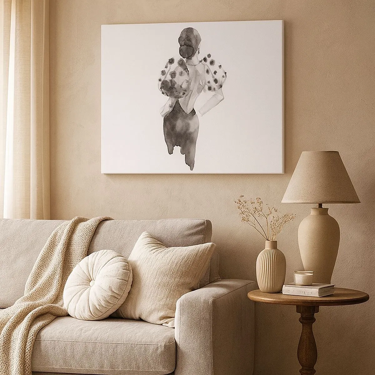 Lærredstryk - Billede på lærred - Minimalistisk akvarelillustration af en kvinde - 70x50cm - Den gik lige forbi - Moderne vægdekoration til stue og soveværelse ARTTOR