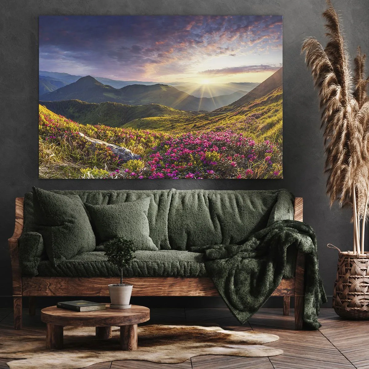Lærredstryk - Billede på lærred - Bjerglandskab med blomstrende rhododendroner - 70x50cm - Friskheden af en morgen i bjergene - Moderne vægdekoration til stue og soveværelse ARTTOR
