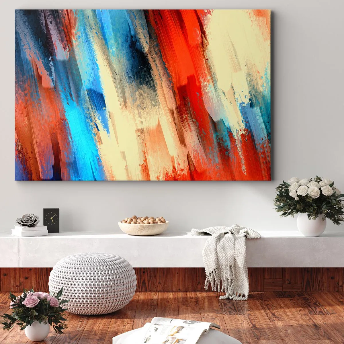 Lærredstryk - Billede på lærred - Abstrakt penselstrøg i nuancer af blå og orange - 70x50cm - En kaskade af farver - Moderne vægdekoration til stue og soveværelse ARTTOR