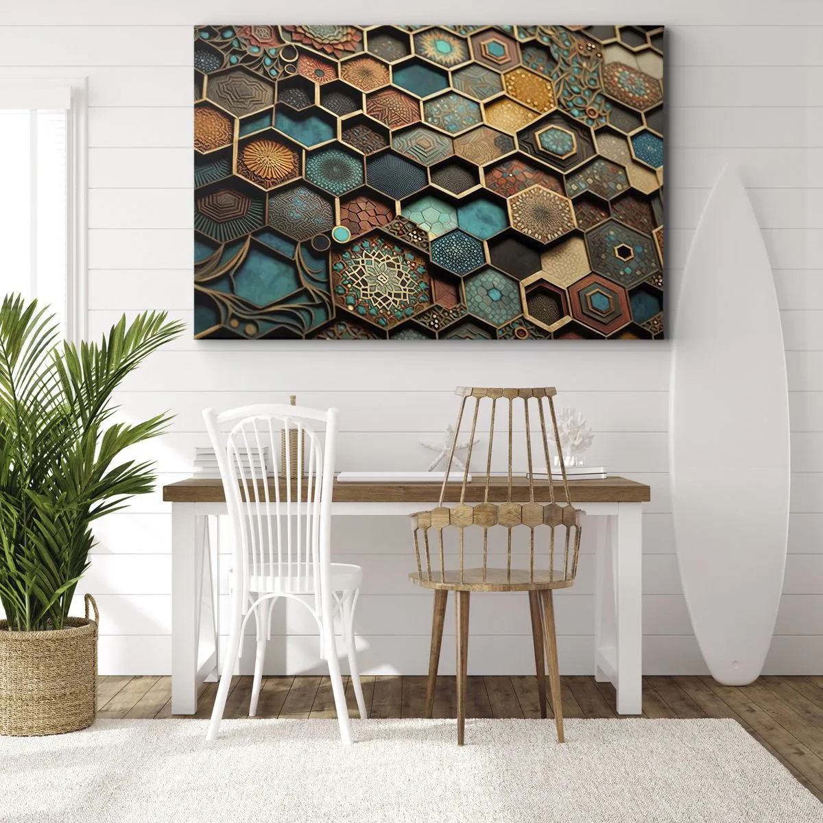Lærredstryk - Billede på lærred - Farverige ornamenter i sekskantede mønstre - 70x50cm - Arabiske ornamenter - en variation - Moderne vægdekoration til stue og soveværelse ARTTOR