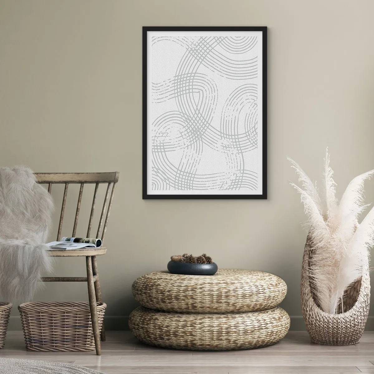 Plakat i sort ramme - En minimalistisk komposition af abstrakte linjer på en lys baggrund. - 50x70cm - Der er ingen lige vej - Moderne vægdekoration til stue og soveværelse ARTTOR