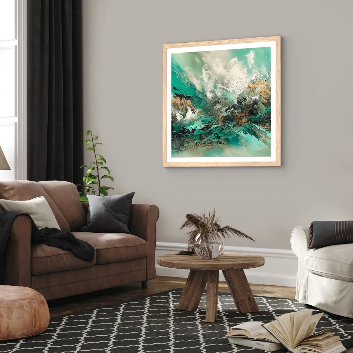 Plakat i ramme af lyst egetræ - Smaragdsort byld - 30x30 cm