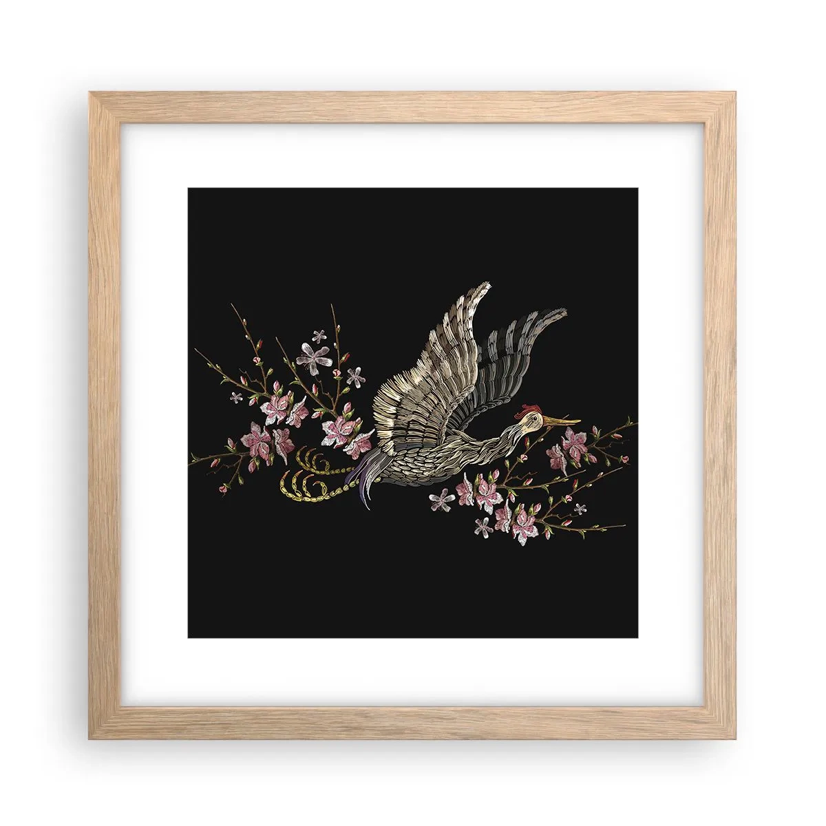 Plakat i ramme af lyst egetræ - Eksotisk broderet fugl - 30x30 cm