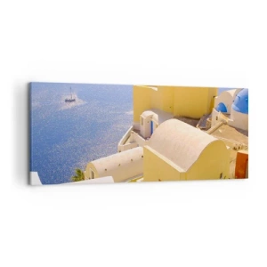 Lærredstryk - Billede på lærred - Græsk landskab i hvid og blå - 120x50 cm