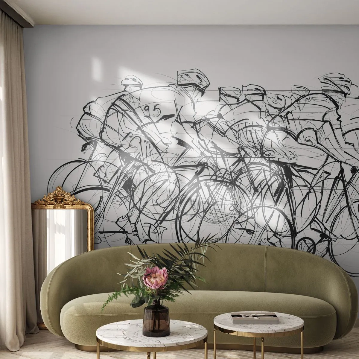 Fototapet Standard Eco - Skitse af cyklister i et løb mod en lys baggrund - 100x70cm - Sammen i et team - Moderne vægdekoration til stue og soveværelse ARTTOR