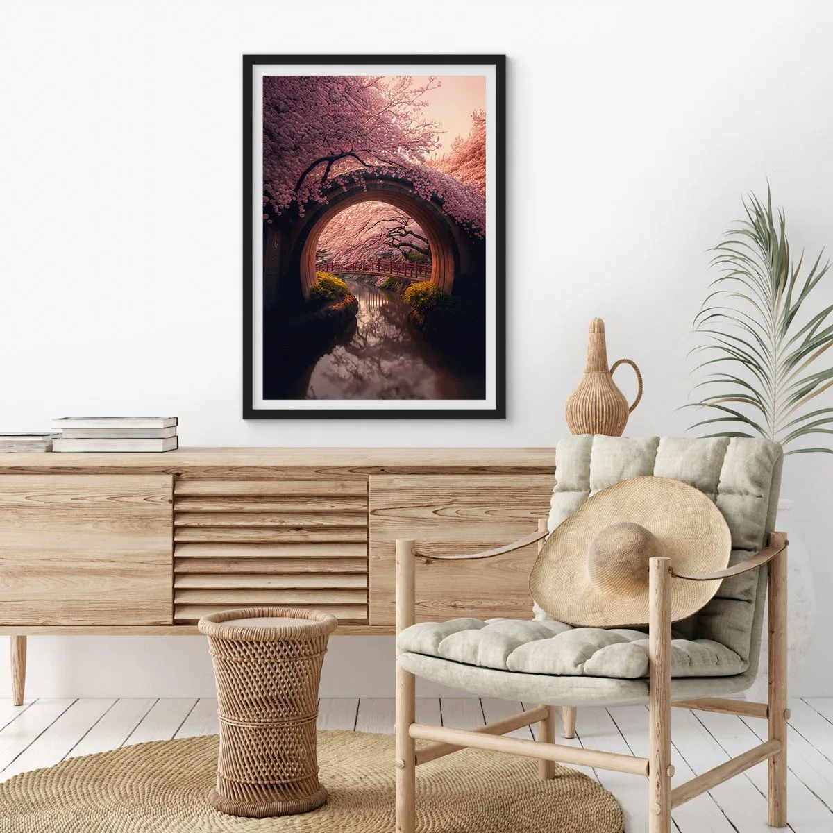 Plakat i sort ramme - En romantisk bro blandt kirsebærblomster - 50x70cm - Japansk forår - Moderne vægdekoration til stue og soveværelse ARTTOR