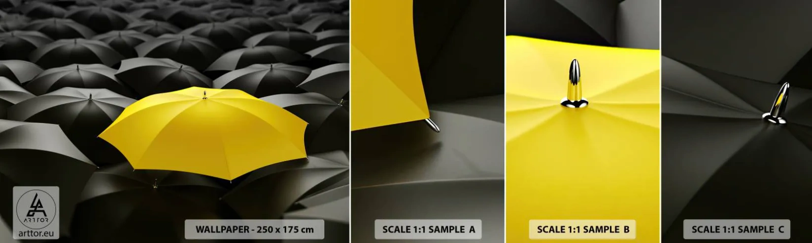Fototapet Prøve Standard Eco - Farvel til tristhed - Gule paraplyer, Grafik, Koncept - 100x30 cm