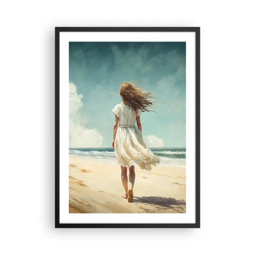 Plakat i sort ramme - En kvinde i en hvid kjole går på stranden ved havet - 50x70cm - At møde solen og vinden - Moderne vægdekoration til stue og soveværelse ARTTOR