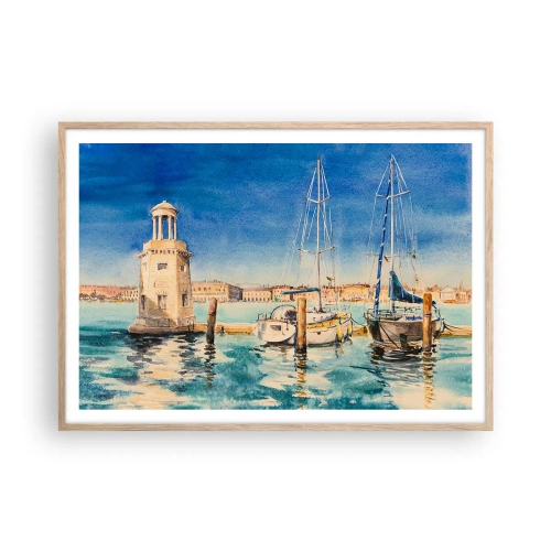 Plakat i ramme af lyst egetræ - Solrig lagune - 100x70 cm