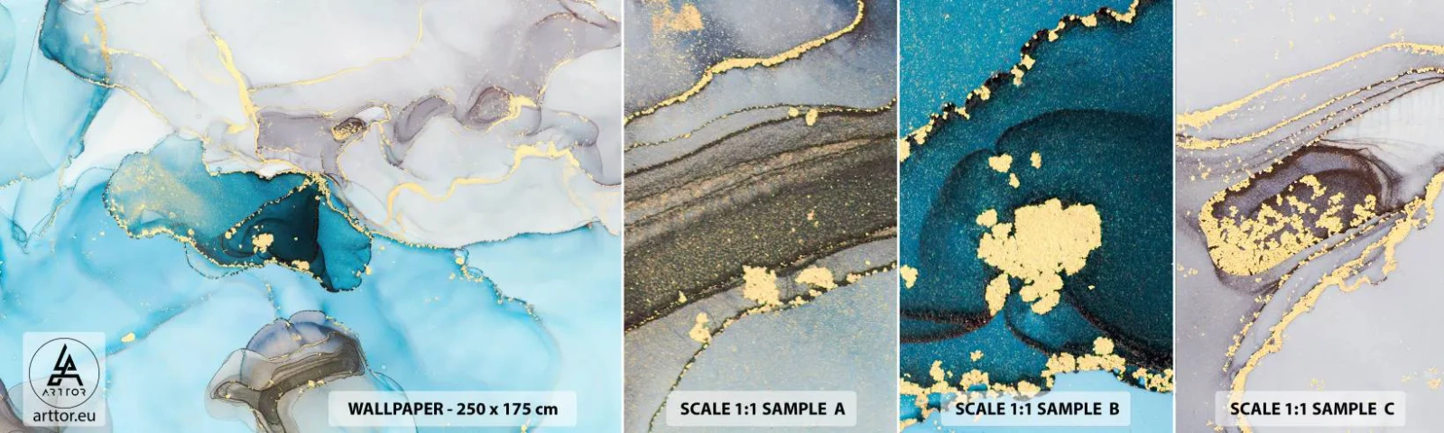 Prøve Fototapet Selvklæbende Deluxe Sticker - En undersøgelse af mødet mellem grå og turkis - Abstraktion, Stykke, Moderne mønster - 100x30 cm