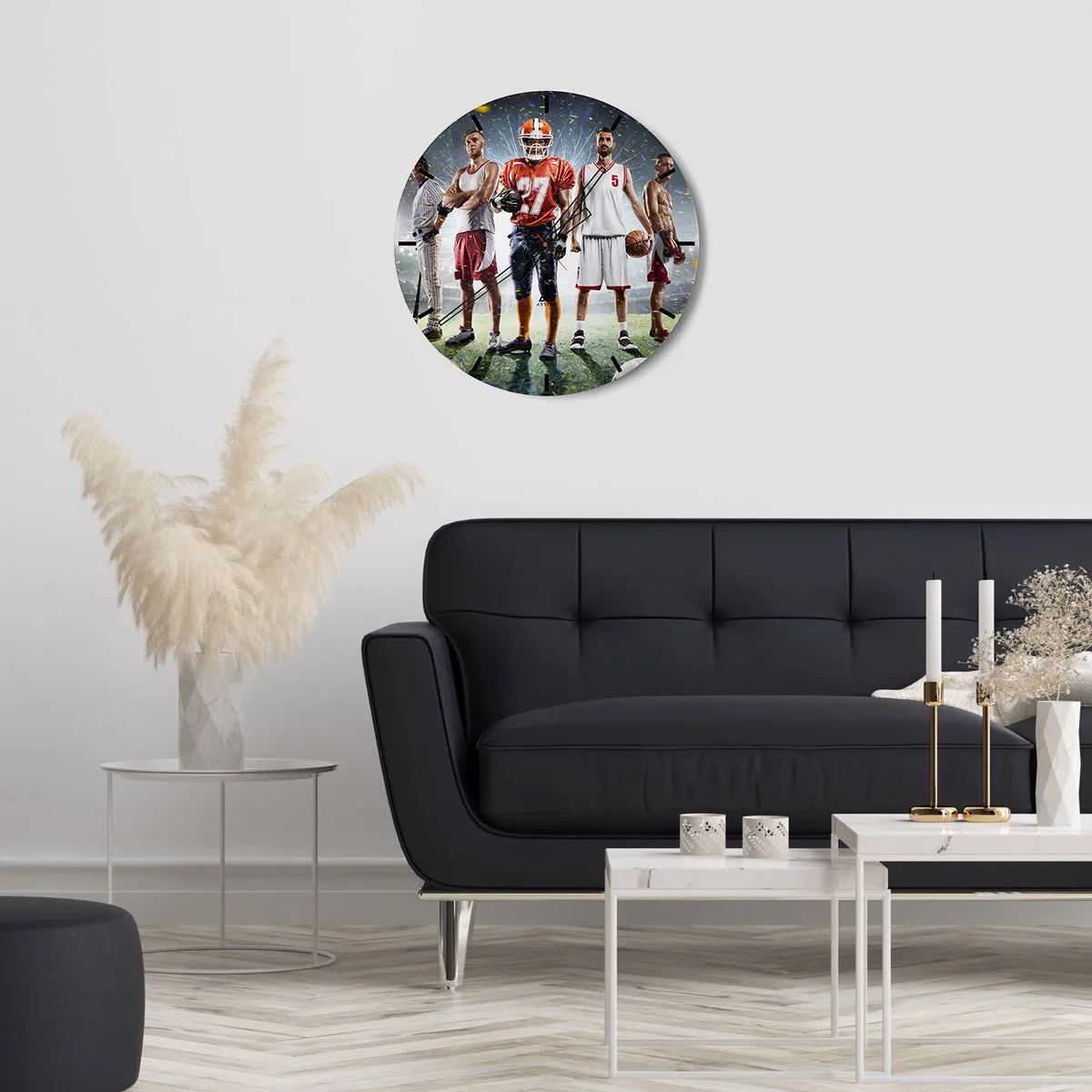 Vægur, Uret - En gruppe atleter mod baggrunden af et stadion oplyst af projektørlys - 30x30cm - Gladiatorer på spillepladsen - Moderne vægdekoration til stue, køkken og soveværelse ARTTOR
