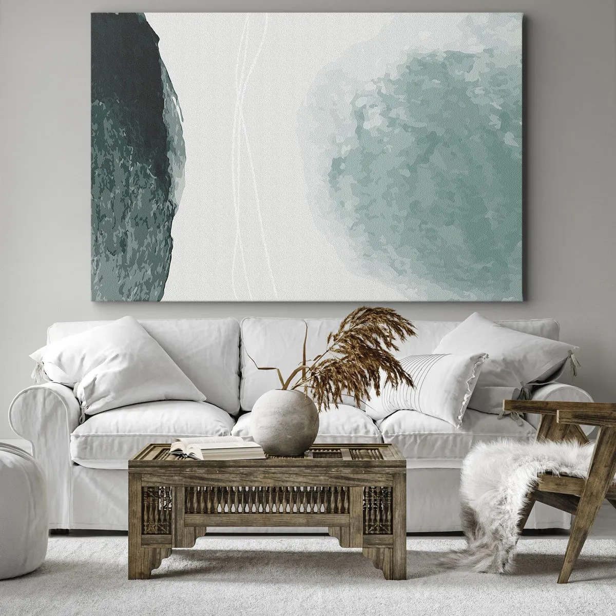 Lærredstryk - Billede på lærred - En delikat abstrakt komposition i grønne nuancer med subtile former på en lys baggrund. - 70x50cm - Et møde med tåge - Moderne vægdekoration til stue og soveværelse ARTTOR