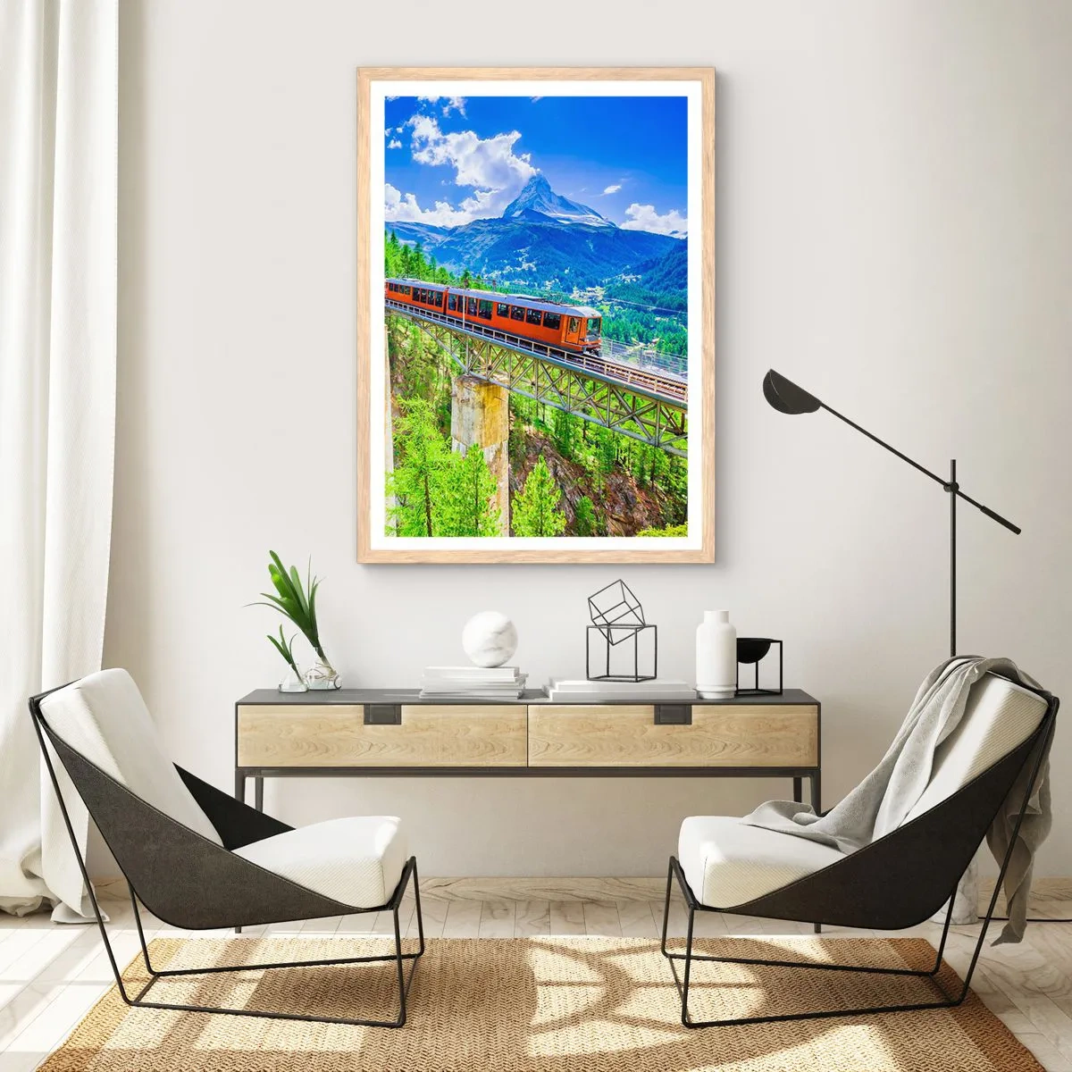 Plakat i ramme af lyst egetræ - Jernbane til Alperne - 50x70 cm