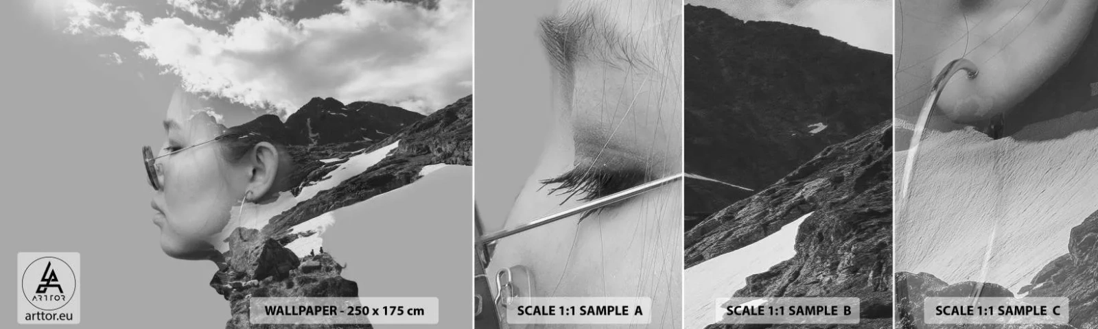 Prøve Fototapet Selvklæbende Deluxe Sticker - Portræt af toppen og skyen - Abstraktion, Kvindehoved, Fantasi - 100x30 cm